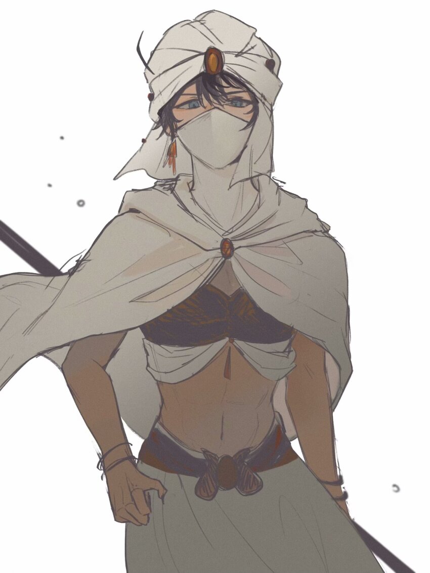 1boy black_hair blue_eyes bracelet cape carmen_erla commentary earrings english_commentary final_fantasy final_fantasy_ii forehead_jewel gem harem_pants highres jewelry male_focus mask midriff minwu mouth_mask pants red_gemstone short_hair turban white_cape white_turban