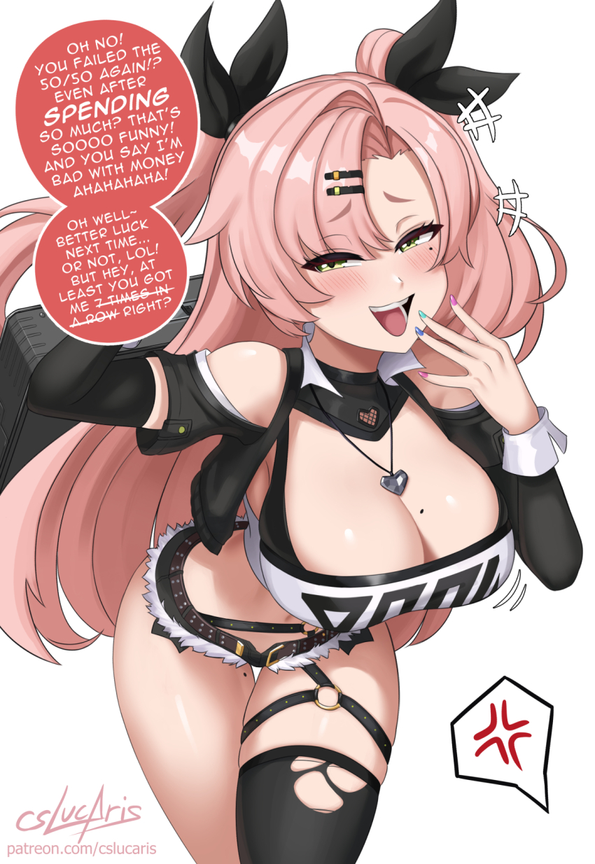 1girl :d anger_vein arm_up black_thighhighs blush breasts briefcase cleavage commentary crop_top cropped_jacket cslucaris english_commentary english_text green_eyes hair_ornament hair_ribbon hairclip hand_up heart heart_necklace highres jewelry large_breasts laughing long_hair looking_at_viewer micro_shorts midriff mole mole_on_breast mole_on_thigh mole_under_eye multicolored_nails nail_polish navel necklace nicole_demara o-ring open_mouth pink_hair pov raised_eyebrows ribbon shorts simple_background single_thighhigh smile smug solo speech_bubble spoken_anger_vein stomach thigh_strap thighhighs torn_clothes torn_thighhighs two_side_up variant_set very_long_hair white_background zenless_zone_zero