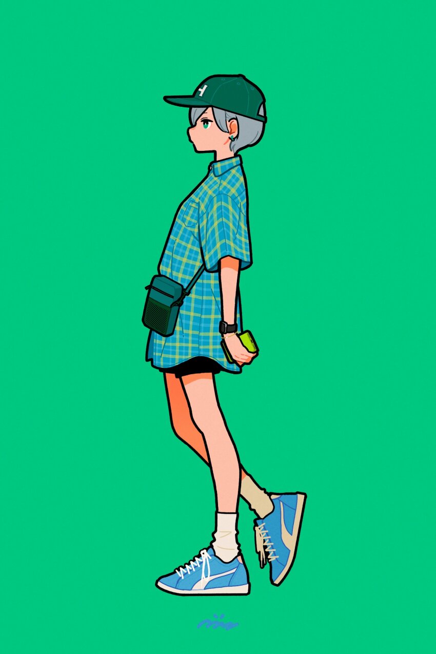 1girl absurdres baseball_cap blue_footwear earrings full_body green_background green_eyes green_hat grey_hair hat highres holding holding_phone jewelry miyoshi_yoshimi original phone plaid_clothes plaid_shirt profile shadow shirt shoes short_hair short_sleeves simple_background solo standing