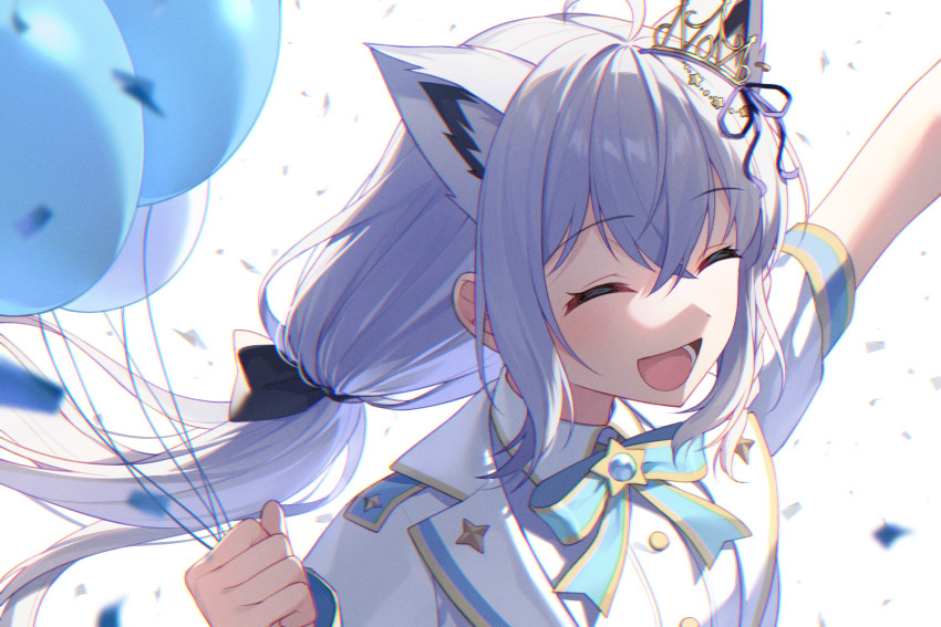 1girl ahoge animal_ears balloon blush confetti fox_ears fox_girl grey_hair highres holding holding_balloon hololive hololive_idol_uniform jacket jenevan long_hair low_ponytail official_alternate_costume open_mouth shirakami_fubuki shirt smile solo virtual_youtuber white_background white_jacket white_shirt