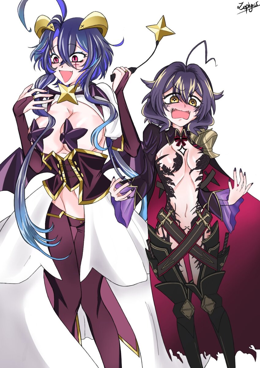 ahoge azur_lane black_nails blue_hair blush breasts cape center_opening cosplay costume_switch crossed_bangs facial_mark fang foch_(azur_lane) foch_(meta)_(azur_lane) highres hiiragi_utena horns large_breasts long_hair long_sleeves magia_baiser mahou_shoujo_ni_akogarete medium_breasts navel open_mouth pink_eyes purple_hair red_cape revealing_clothes short_hair signature simple_background skin_fang stomach white_background yellow_eyes zephyhime