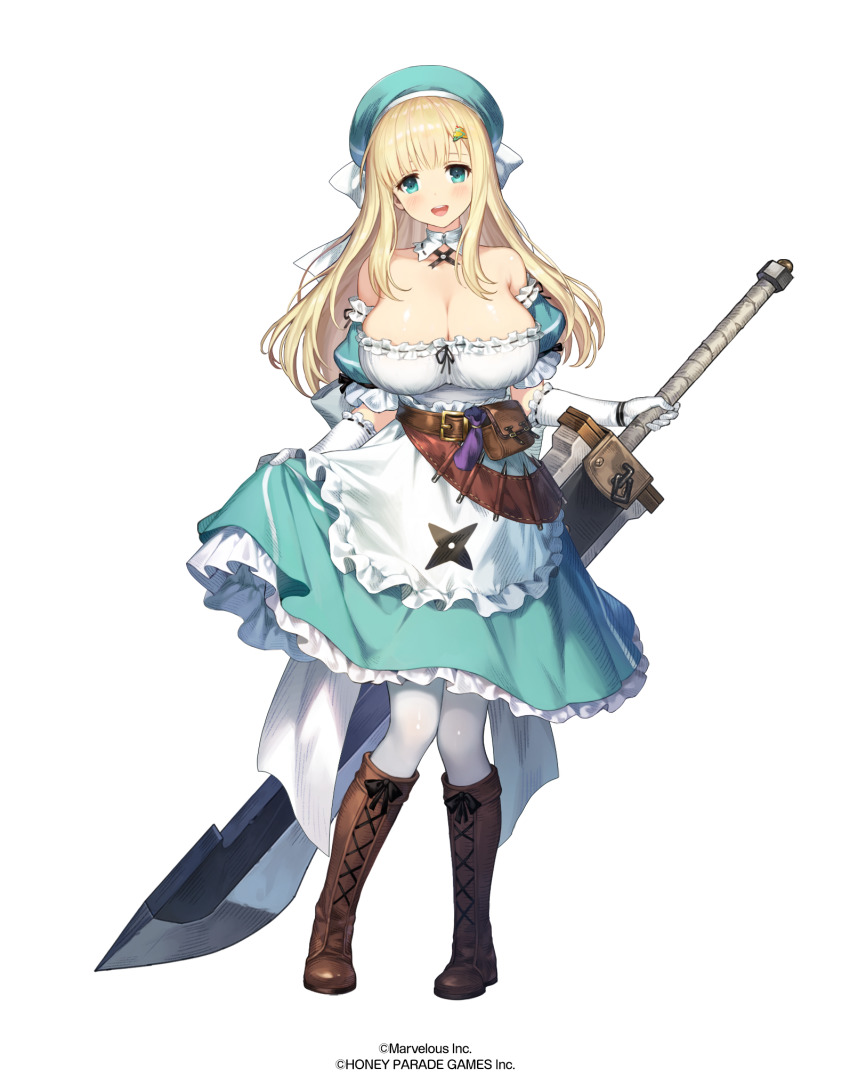 1girl ankle_boots aqua_eyes aqua_hat blonde_hair blush boots breasts brown_dust_(series) brown_dust_2 cleavage detached_collar dress elbow_gloves gloves hair_ornament hairclip hat highres huge_breasts huge_weapon large_breasts long_hair official_art open_mouth ribbon-trimmed_collar ribbon-trimmed_gloves ribbon_trim senran_kagura senran_kagura_new_link shuriken smile solo weapon yomi_(senran_kagura)