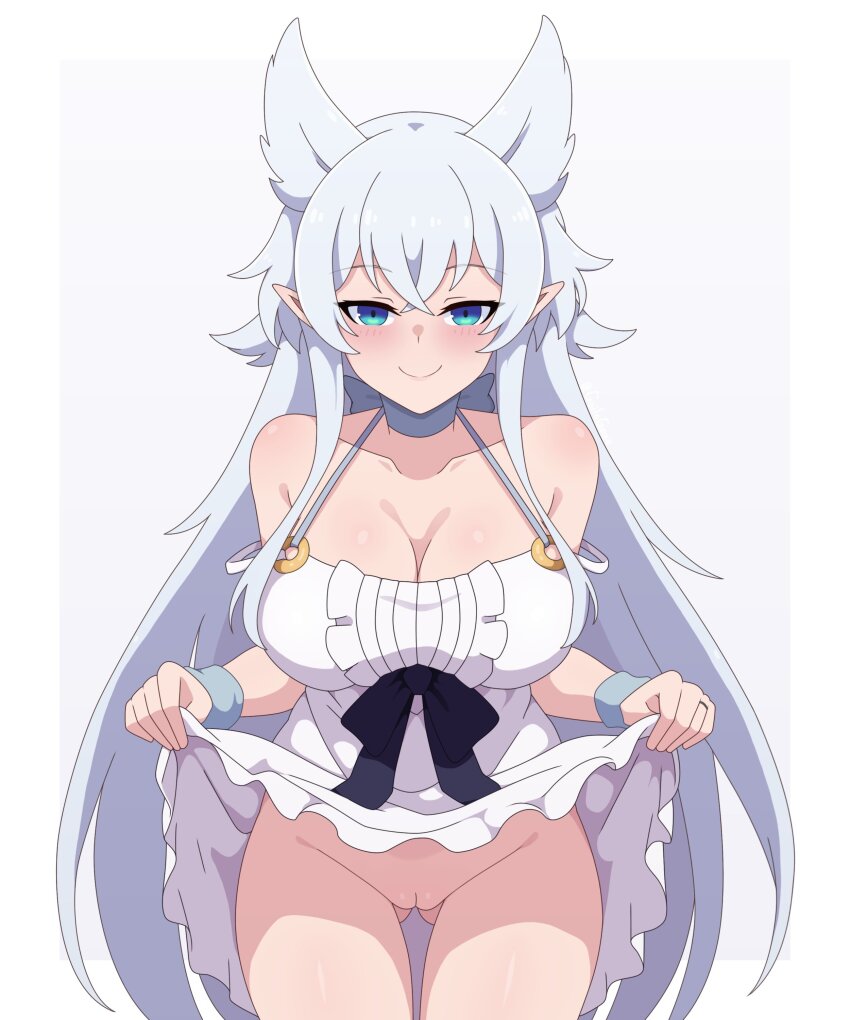 1girl absurdres animal_ears blue_eyes breasts cleavage clothes_lift dress dress_lift fenrys gluteal_fold gradient_background grey_background guilegaze hair_between_eyes highres large_breasts lifting_own_clothes long_hair looking_at_viewer lv2_kara_cheat_datta_moto_yuusha_kouho_no_mattari_isekai_life pussy smile solo standing uncensored very_long_hair white_hair wolf_ears