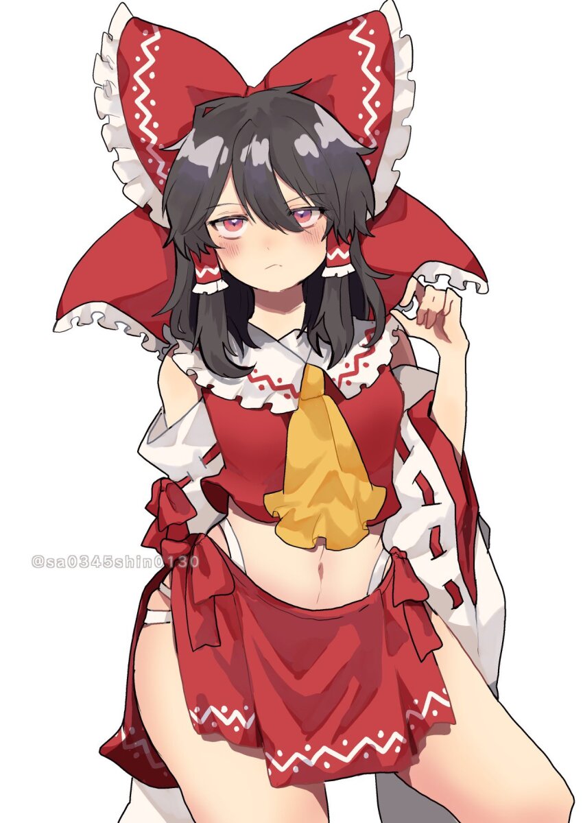 1girl :&lt; ascot black_hair blush bow closed_mouth commentary_request cowboy_shot detached_sleeves double-parted_bangs frilled_bow frilled_shirt_collar frills frown hair_between_eyes hair_bow hakurei_reimu highres hip_vent huge_bow long_hair long_sleeves looking_at_viewer midriff navel nontraditional_miko red_bow red_eyes red_shirt red_skirt sanpaku shirt sidelocks simple_background skirt sleeveless sleeveless_shirt solo split_mouth touhou tsurime twitter_username uchisaki_himari white_background wide_sleeves yellow_ascot