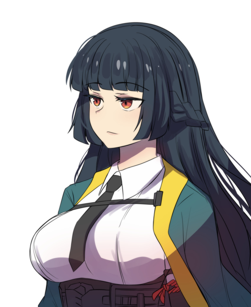 1girl absurdres aqua_cape black_hair black_necktie blunt_bangs braid breasts cape commentary highres hinghoi hoshimi_miyabi large_breasts long_hair necktie no_animal_ears orange_eyes shirt simple_background solo upper_body very_long_hair white_background white_shirt zenless_zone_zero