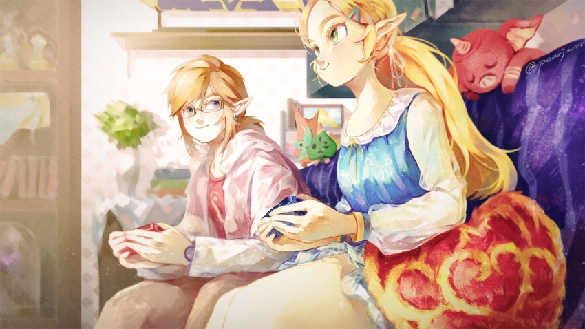 1boy 1girl artist_name blonde_hair blue_dress blurry blurry_background bokoblin bookshelf contemporary controller couch dress earrings game_controller glasses green_eyes hair_ornament hairclip heart heart-shaped_pillow highres indoors jewelry korok link long_sleeves looking_at_another nintendo pearjarrr pillow plant pointy_ears ponytail princess_zelda sitting slice_of_life smile the_legend_of_zelda the_legend_of_zelda:_breath_of_the_wild twitter_username vase watch wristwatch