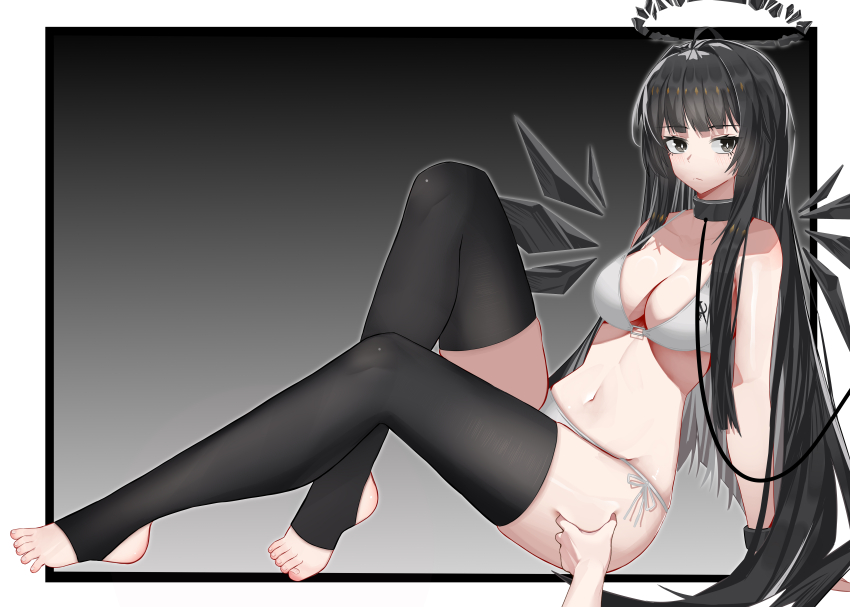 1girl absurdres arknights black_background black_eyes black_hair black_halo black_thighhighs black_wings blush border bra breasts bright_pupils chinese_commentary cleavage closed_mouth commentary_request detached_wings feet full_body gradient_background grey_background hair_intakes halo highres knee_up leash leg_grab long_hair looking_at_viewer medium_breasts meme muusn navel outside_border panties pov pov_cheek_grabbing_(meme) pov_hands sitting solo stirrup_legwear thighhighs toeless_legwear toenails toes underwear variant_set very_long_hair virtuosa_(arknights) white_border white_bra white_panties white_pupils wings