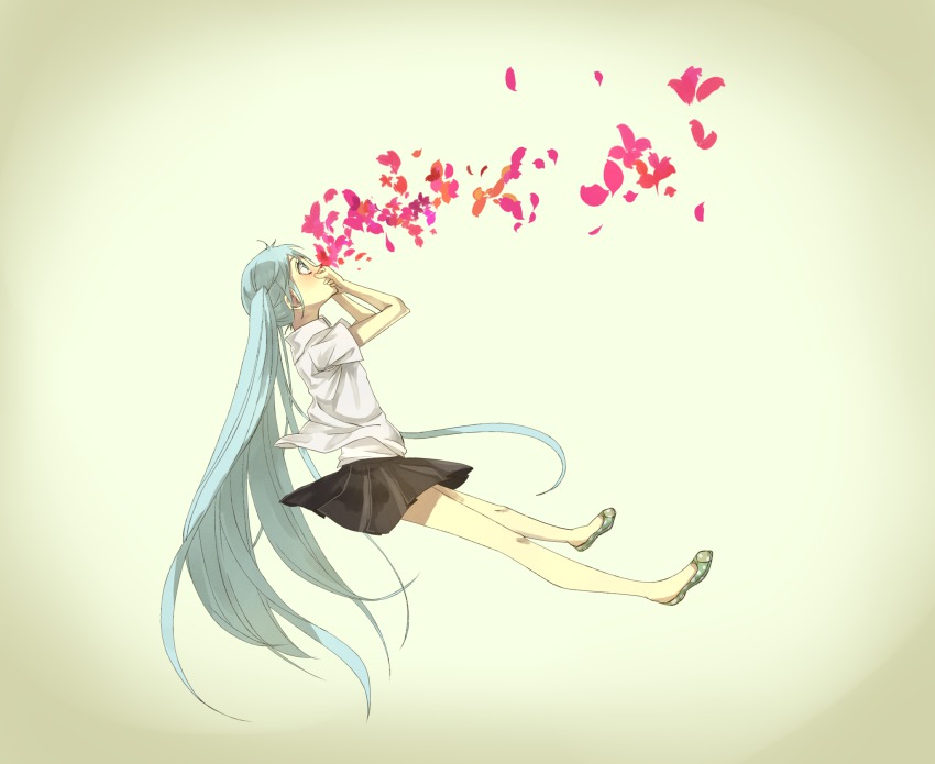 1girl aqua_eyes aqua_hair bad_id bad_pixiv_id blood female_focus gradient_background hatsune_miku highres long_hair nosebleed petals pun skirt solo tomaeda_(bravered) very_long_hair vocaloid