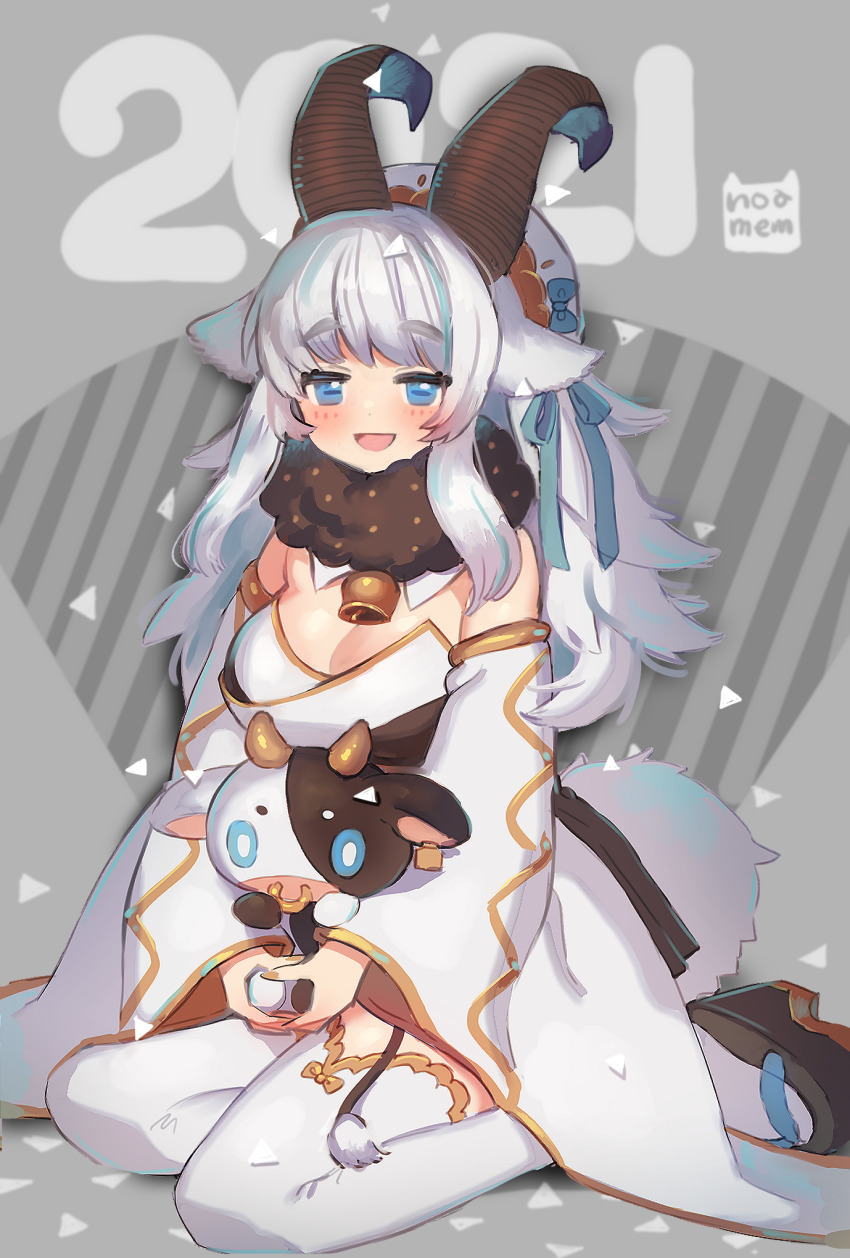 1girl animal_ears bell black_footwear blue_hair blush breasts chinese_zodiac cleavage cow_ears detached_sleeves highres horns large_breasts long_hair long_sleeves looking_at_viewer multicolored_hair neck_bell noamem open_mouth original smile solo stuffed_cow thighhighs white_hair white_thighhighs year_of_the_ox