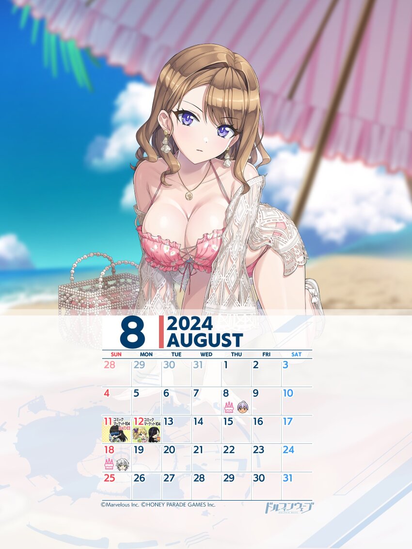 2024 absurdres bikini breasts brown_hair calendar cleavage dolphin_wave highres large_breasts medium_hair official_art purple_eyes suminoe_shion swimsuit