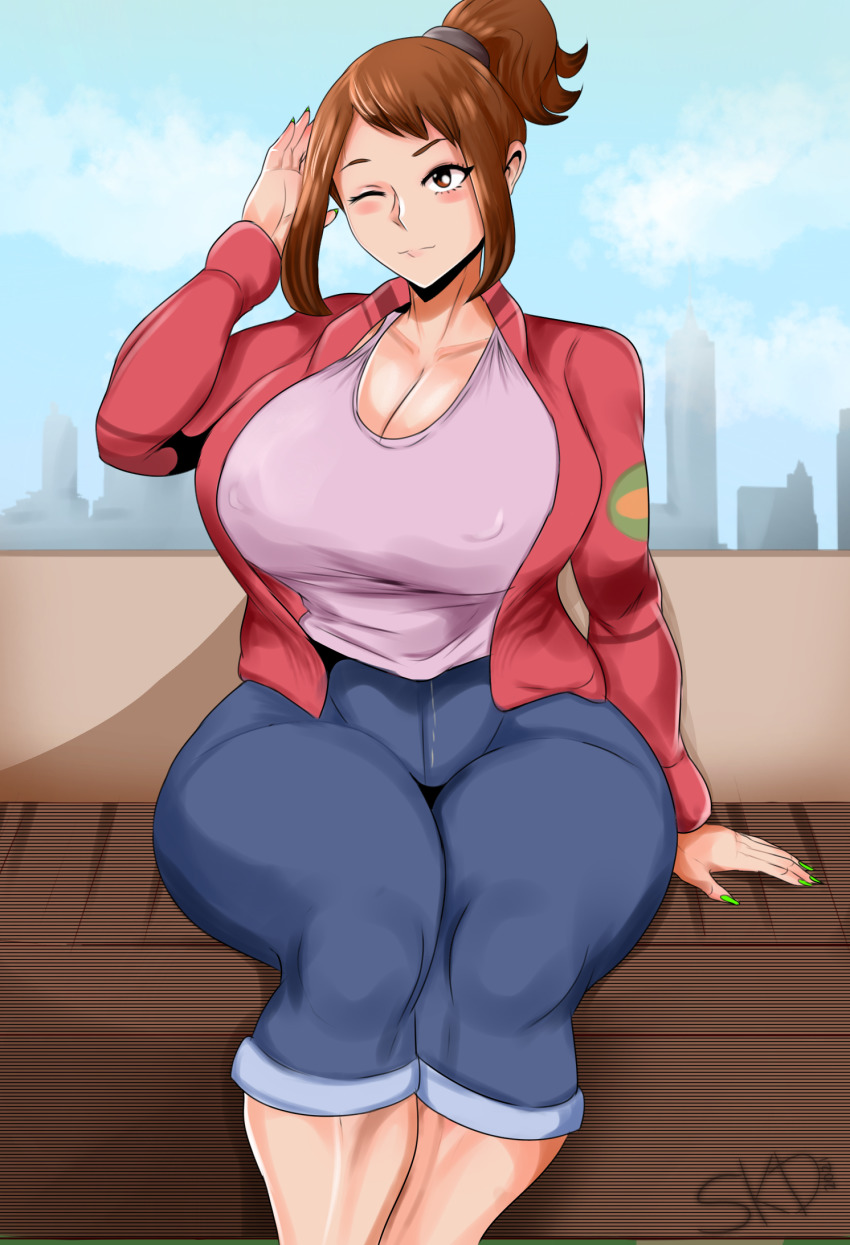 1girl alternate_hairstyle blush boku_no_hero_academia breasts brown_eyes brown_hair cleavage collarbone curvy denim highres huge_breasts jeans aged_up one_eye_closed pants pink_shirt ponytail shirt sitting skd solo thick_thighs thighs uraraka_ochako wide_hips wink