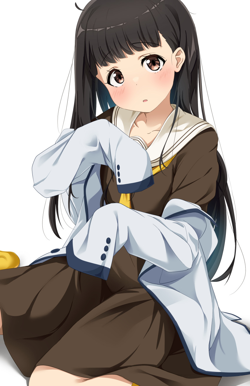 1girl 4uyh absurdres black_hair blush brown_dress brown_eyes brown_serafuku dress feet_out_of_frame highres jacket long_hair long_sleeves looking_at_viewer make_heroine_ga_oo_sugiru! neckerchief nukumizu_kaju off_shoulder open_mouth sailor_collar sailor_dress school_uniform serafuku simple_background sitting solo straight_hair wariza white_background white_jacket white_sailor_collar yellow_neckerchief