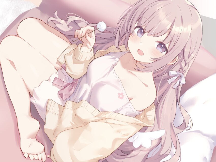 1girl angel_wings barefoot braid breasts brown_eyes cardigan collarbone commentary commission couch floral_print frilled_shorts frills from_above full_body highres hiraga_matsuri light_brown_hair long_hair long_sleeves looking_at_viewer medium_breasts mimikaki off_shoulder on_couch open_cardigan open_clothes open_mouth original pillow pink_eyes pink_hair pink_shirt pink_shorts shirt short_shorts shorts sitting skeb_commission smile solo very_long_hair wariza wings yellow_cardigan