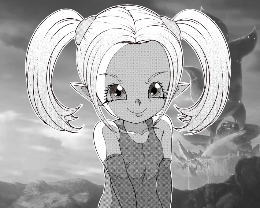 1girl closed_mouth collarbone dragon_ball dragon_ball_daima elbow_gloves female_focus flat_chest forehead gloves hair_tie highres looking_at_viewer monochrome ojoqtlv pansy_(dragon_ball_daima) parted_bangs pointy_ears shirt sidelocks sleeveless sleeveless_shirt smile solo upper_body