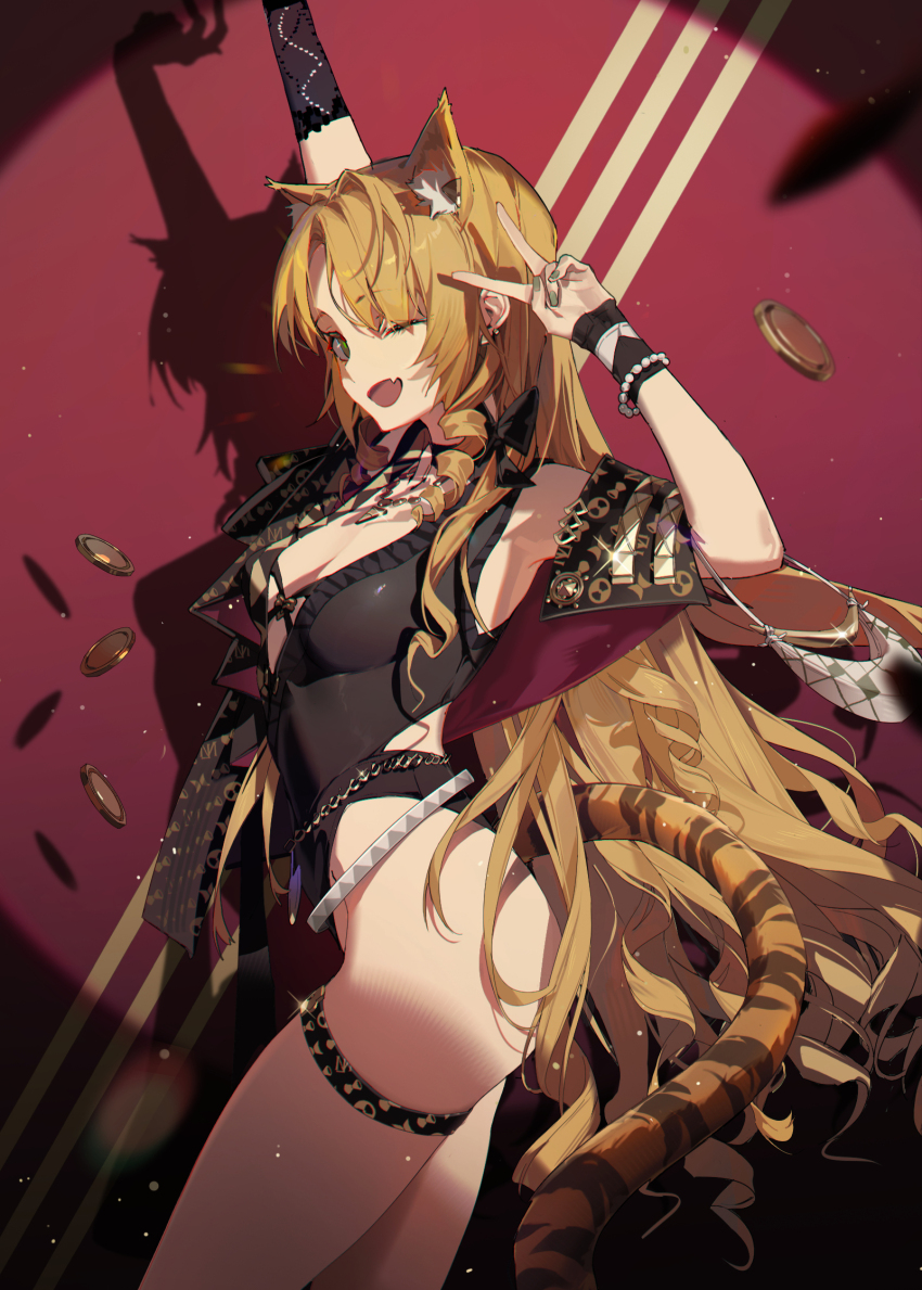 1girl animal_ears arknights bankongping belt black_leotard blonde_hair breasts drill_hair drill_sidelocks green_eyes green_nails highleg highleg_leotard highres leotard long_hair looking_at_viewer medium_breasts one_eye_closed sidelocks smile solo swire_(arknights) tail tail_ornament tail_ring thigh_strap tiger_ears tiger_girl tiger_tail v very_long_hair