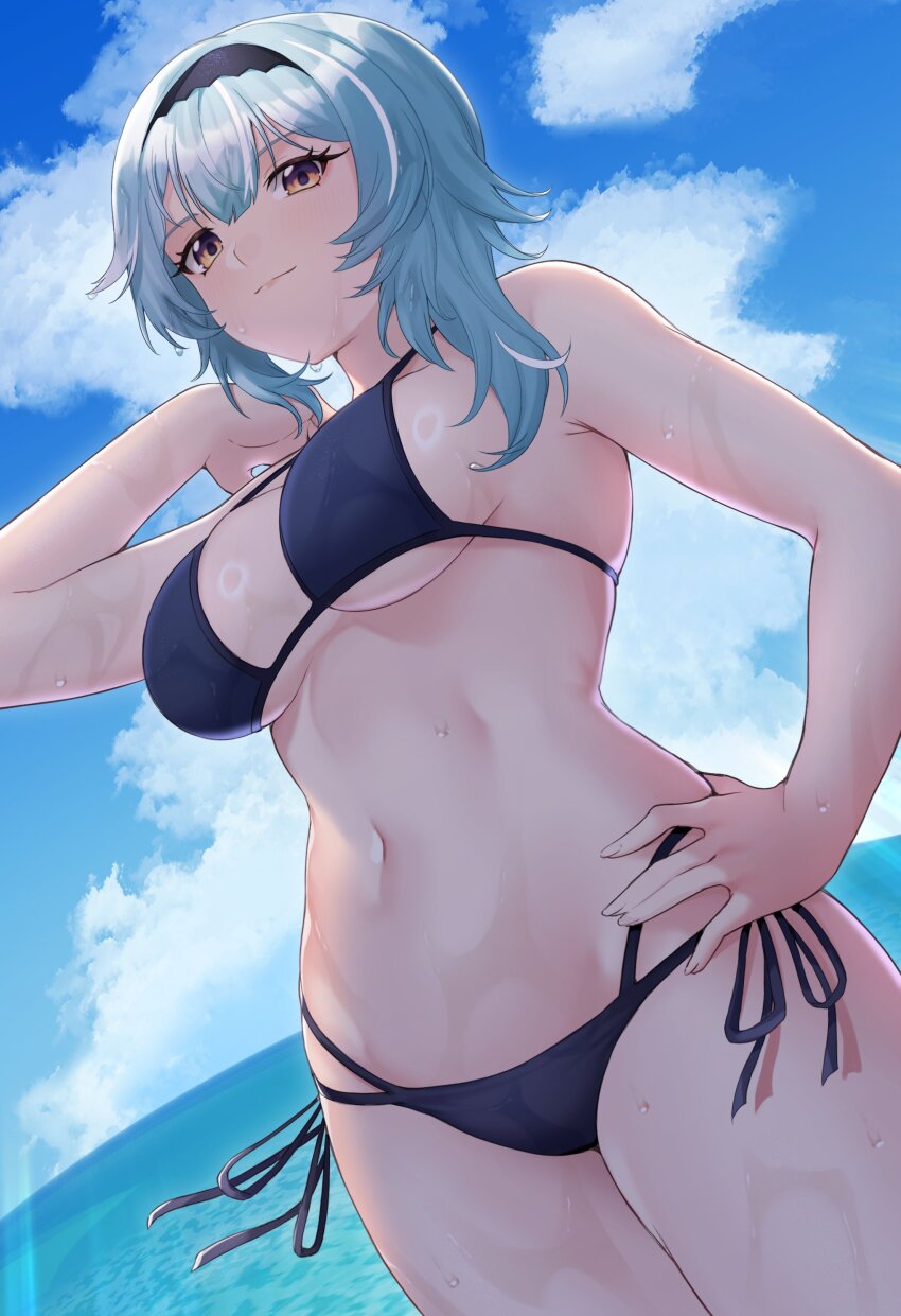 1girl absurdres bare_shoulders bikini black_bikini black_hairband blue_hair blue_sky brown_eyes cloud cowboy_shot day eula_(genshin_impact) genshin_impact hairband hand_on_own_hip highres kirima_(user_danf8787) long_hair looking_at_viewer navel side-tie_bikini_bottom sky smile solo standing stomach swimsuit thighs