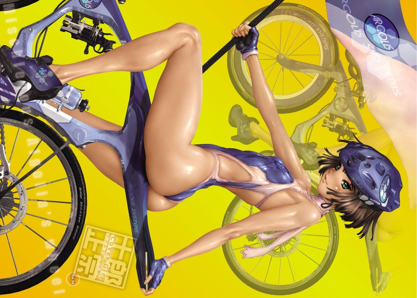 1girl 3d ass bicycle bottle breasts brown_eyes brown_hair comic_anthurium covered_erect_nipples dark_skin fingerless_gloves flag full_body gloves green_eyes gun halterneck handgun helmet high_heels highleg highleg_leotard highleg_one-piece_swimsuit highres leotard looking_at_viewer medium_breasts nipples one-piece_swimsuit pistol revolver riding shiny_skin shirou_masamune shoes short_hair sitting sleeveless standing sweat sweatdrop swimsuit thighs weapon