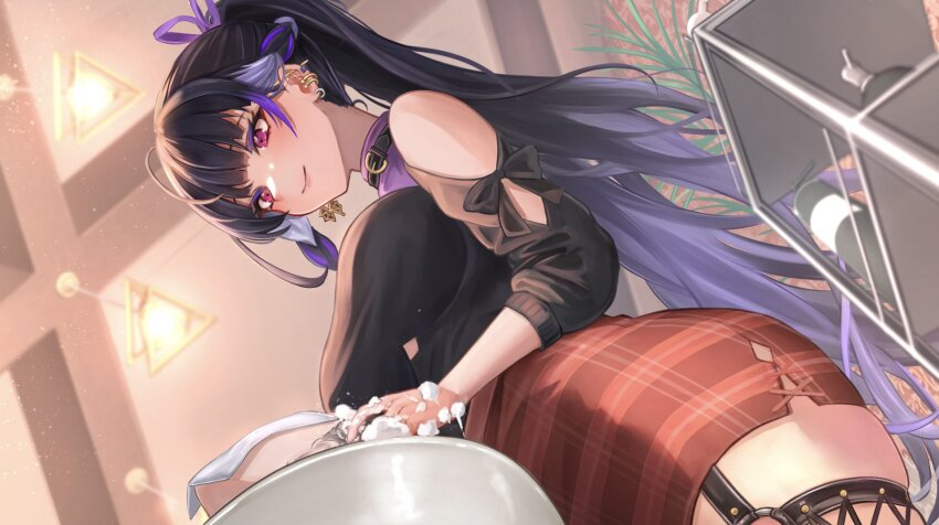 1girl alternate_costume alternate_hairstyle black_hair black_shirt braid breasts ear_piercing earrings garter_straps highres jewelry large_breasts long_hair maison_de_cante meloco_kyoran multicolored_hair nijisanji nijisanji_en piercing ponytail purple_eyes purple_hair shampoo_bottle shirt side_braids skirt solo_focus streaked_hair virtual_youtuber washing