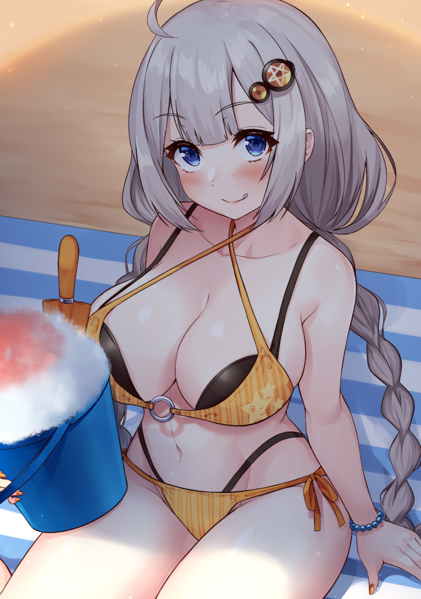 1girl beach bikini blue_eyes blush bracelet braid breasts bucket cleavage closed_mouth criss-cross_halter food grey_hair halterneck highres jewelry kizuna_akari large_breasts licking_lips long_hair looking_at_viewer nail_polish navel o-ring o-ring_bikini o-ring_top orange_bikini orange_nails shade shaved_ice shovel smile solo swimsuit tenneko_yuuri tongue tongue_out twin_braids very_long_hair voiceroid