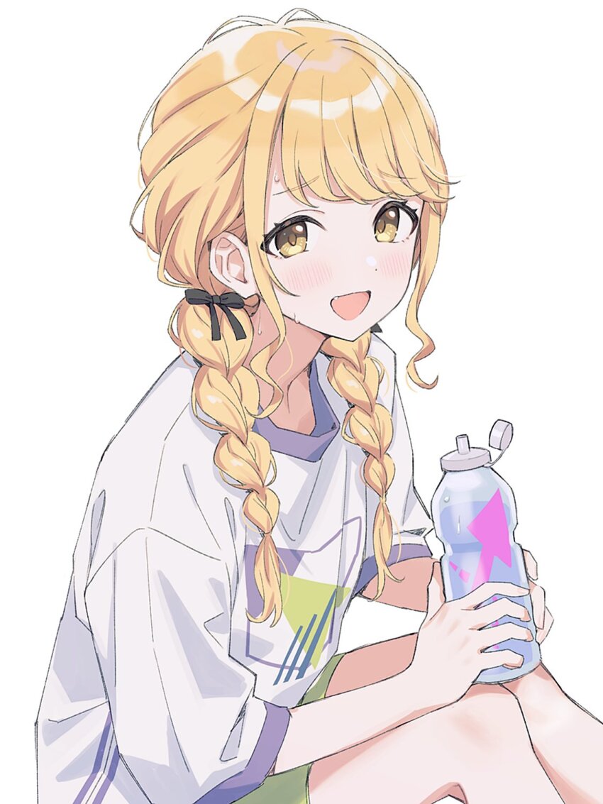 1girl agata_(agatha) bare_legs blonde_hair blush bottle fang feet_out_of_frame fujita_kotone gakuen_idolmaster hair_ribbon highres holding holding_bottle idolmaster knees_up long_hair looking_at_viewer ribbon shirt short_sleeves simple_background sitting solo sports_bottle sweat twintails white_background white_shirt