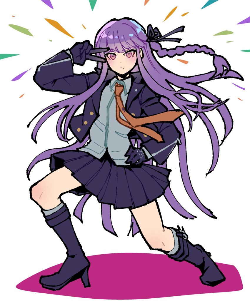 1girl black_gloves black_ribbon boots braid breasts collared_shirt danganronpa:_trigger_happy_havoc danganronpa_(series) frown gloves hair_ribbon high_heel_boots high_heels highres jacket kirigiri_kyoko long_hair long_sleeves looking_at_viewer miniskirt necktie open_clothes open_jacket purple_eyes purple_hair ribbon shirt side_braid skirt solo v_over_eye youko-shima