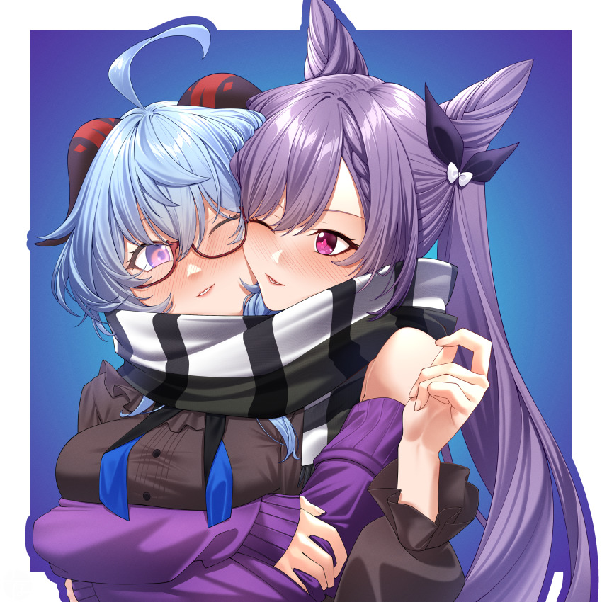 2girls absurdres ahoge arms_under_breasts bare_shoulders black_bow black_shirt blue_hair blush bow breasts cone_hair_bun frilled_shirt frilled_sleeves frills ganyu_(china_merchants_bank)_(genshin_impact) ganyu_(genshin_impact) genshin_impact glasses hair_bun highres horns hug hug_from_behind keqing_(genshin_impact) keqing_(lantern_rite)_(genshin_impact) long_hair long_sleeves looking_at_another looking_to_the_side medium_breasts multiple_girls off-shoulder_sweater off_shoulder official_alternate_costume one_eye_closed plaid_clothes plaid_scarf purple_eyes purple_hair purple_sweater red-framed_eyewear scarf semi-rimless_eyewear shirt sidelocks smile soluna_(so_lu_na) sweater turtleneck