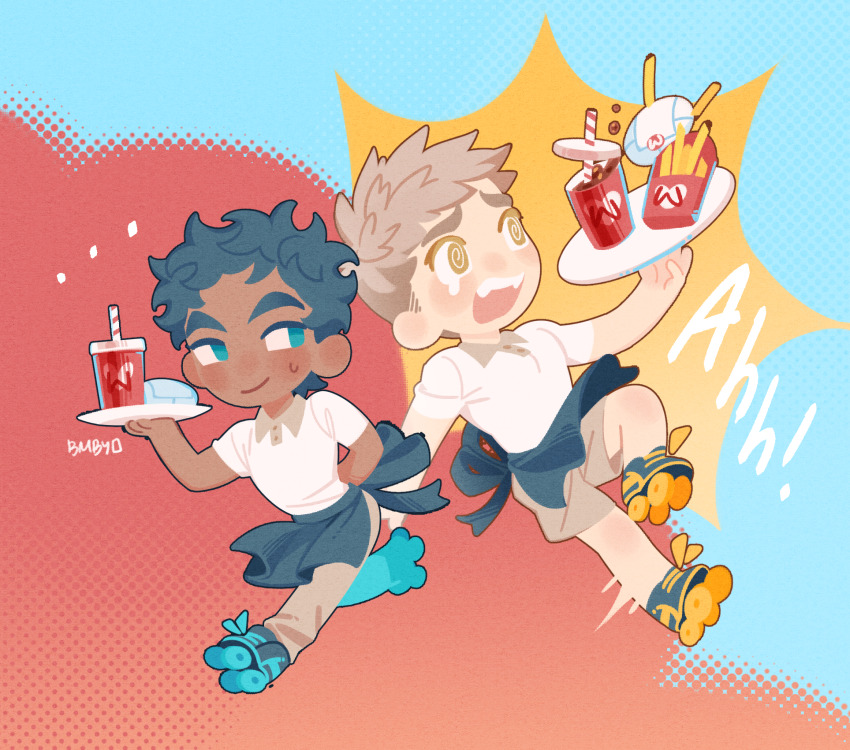 2boys @_@ apron blonde_hair blue_apron blue_background blue_eyes blue_footwear blue_hair bombyoon brown_pants brown_shorts burger carhop chibi chibi_only cola collared_shirt cup dark-skinned_male dark_skin disposable_cup drinking_straw dungeon_meshi food french_fries full_body halftone halftone_background highres holding holding_tray kabru laios_touden light_blush looking_at_another male_focus multiple_boys pants red_background roller_skates shirt short_hair short_sleeves shorts skates sweatdrop teardrop teeth tray two-tone_background two-tone_footwear undercut waist_apron waiter white_shirt yellow_eyes yellow_footwear