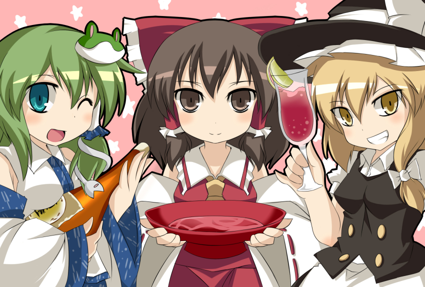 3girls alcohol bad_id bad_pixiv_id black_eyes black_hair blonde_hair blue_eyes female_focus green_eyes hakurei_reimu highres kirisame_marisa kochiya_sanae kotomi_(artist) kotomi_(happy_colors) multiple_girls touhou yellow_eyes