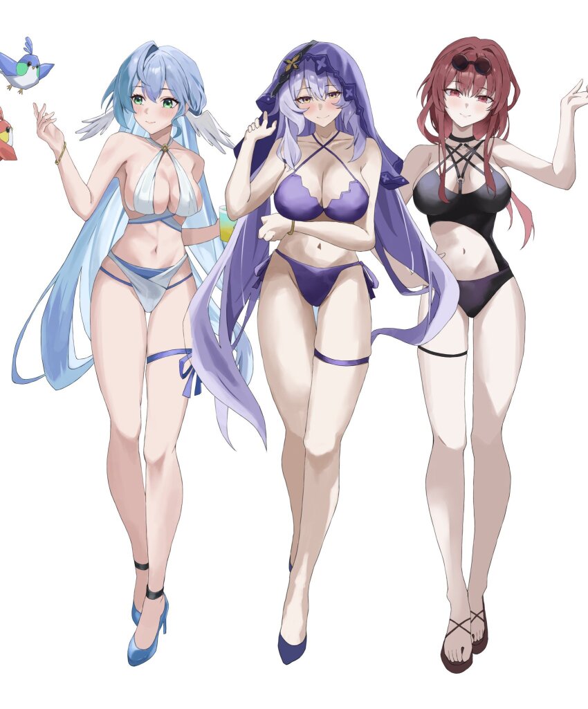 3girls alternate_costume bare_legs bare_shoulders bikini bird black_bikini black_swan_(honkai:_star_rail) blue_bird blue_hair breasts cleavage eyewear_on_head full_body green_eyes head_wings higashiwun_izumi high_heels highres honkai:_star_rail honkai_(series) kafka_(honkai:_star_rail) large_breasts light_blue_hair long_hair multiple_girls navel purple_bikini purple_hair purple_veil red_bird red_eyes red_hair robin_(animal) robin_(honkai:_star_rail) sandals sideboob simple_background stomach swimsuit thigh_strap white_background white_bikini wings yellow_eyes