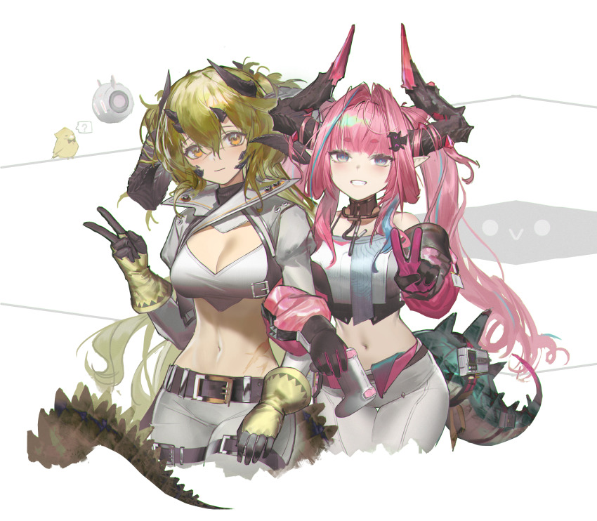 2girls ? absurdres arknights arknights:_endfield baimudafeiyu bare_shoulders belt bird black_gloves blue_eyes blue_hair breasts chinese_commentary cleavage cleavage_cutout clothing_cutout commentary_request controller estelle_(arknights) game_controller gloves green_hair grin hair_intakes highres holding holding_controller holding_game_controller horns long_hair long_sleeves looking_at_viewer material_growth medium_breasts multicolored_hair multiple_girls navel oripathy_lesion_(arknights) pants pink_hair pointy_ears robot scales scar scar_on_face simple_background smile spoken_question_mark streaked_hair tail twintails v very_long_hair white_background white_pants yellow_eyes yvonne_(arknights)