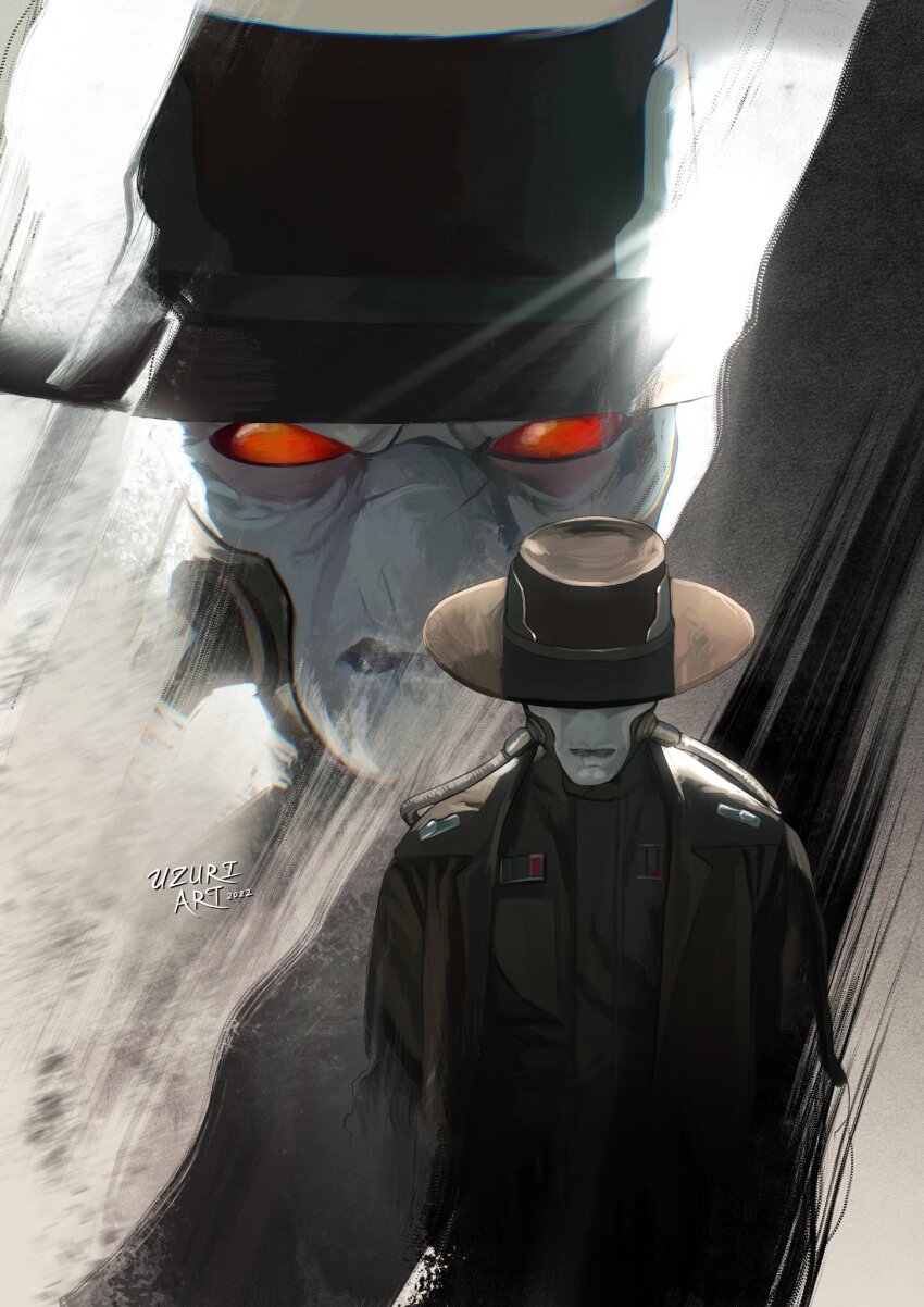 1boy alien artist_name blue_skin brown_coat brown_hat cad_bane coat colored_skin cowboy_hat duros hat highres long_coat male_focus multiple_views open_clothes open_coat red_eyes star_wars uzuri_art