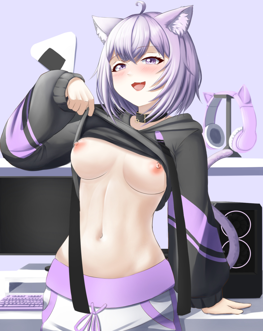 1girl adult_aongly animal_ear_fluff animal_ears breasts cat_ears cat_girl cat_tail clothes_lift collar crop_top flashing food highres hololive hood hoodie hoodie_lift indoors computer_keyboard large_breasts looking_at_viewer midriff navel nekomata_okayu nekomata_okayu_(1st_costume) nipples no_bra onigiri open_mouth pants purple_eyes purple_hair shirt_lift solo stomach tail underboob virtual_youtuber