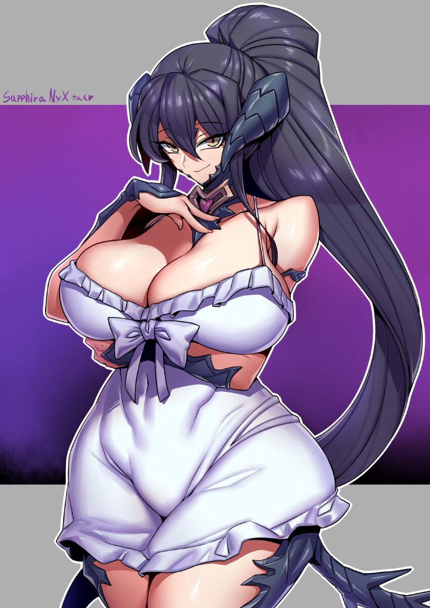 1girl arm_under_breasts armpit_crease au_ra black_hair breasts brown_eyes character_name closed_mouth commission covered_navel dragon_horns dragon_tail dress eyebrows_hidden_by_hair final_fantasy final_fantasy_xiv groin hair_between_eyes heart highres horns large_breasts long_hair looking_at_viewer ponytail scales simple_background slit_pupils smile solo tail tukiwani very_long_hair warrior_of_light_(ff14) white_dress