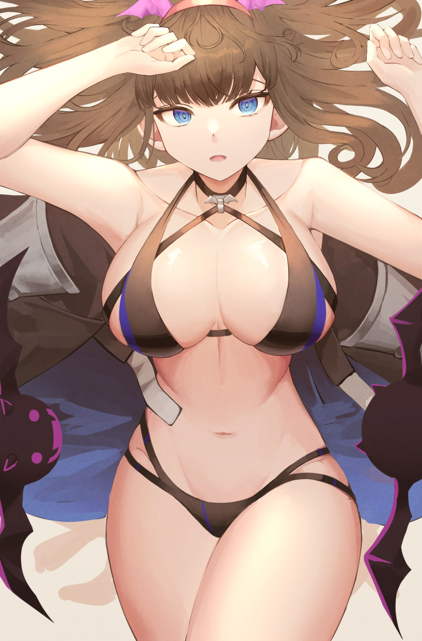 1girl absurdres aged_up alternate_breast_size armpits arms_up artist_request bare_arms bare_shoulders bikini black_bikini blue_eyes breasts brown_hair cleavage collarbone commission hair_spread_out halterneck highres kurosu_aroma large_breasts long_hair looking_at_viewer multi-strapped_bikini navel open_mouth pretty_series pripara second-party_source solo stomach swimsuit thighs