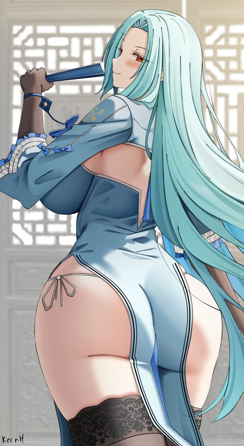 1girl aqua_hair ass black_gloves black_thighhighs blue_dress blush china_dress chinese_clothes closed_mouth commission dress elbow_gloves gloves hand_fan highres holding holding_fan keenh long_hair looking_at_viewer looking_back original panties paper_fan pelvic_curtain red_eyes side-tie_panties smile solo standing thighhighs underwear very_long_hair white_panties