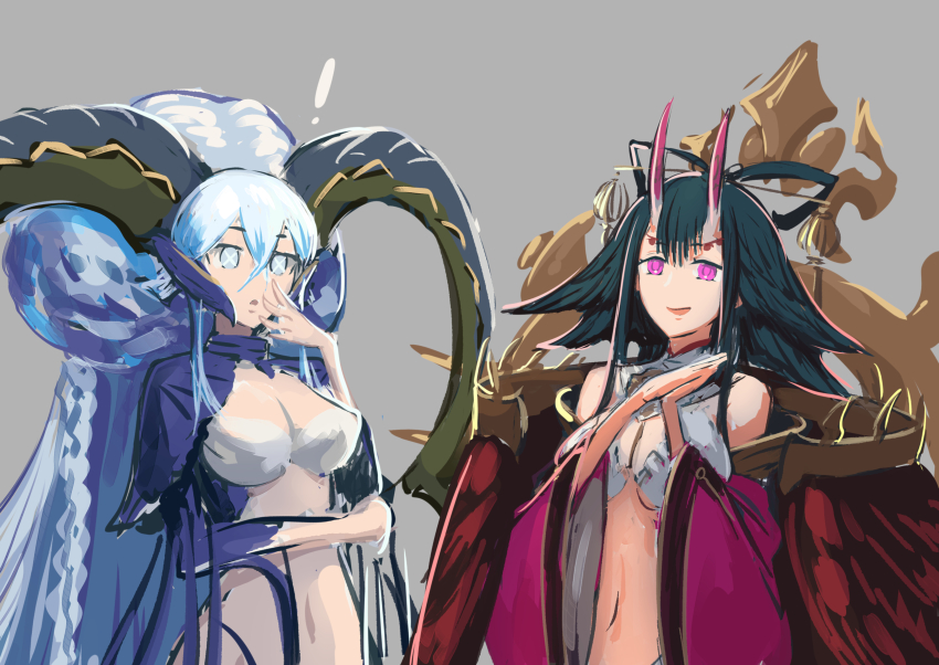 152_in_can 2girls absurdres bare_shoulders black_hair blue_eyes blue_hair blue_shirt bra braid breasts cleavage cropped_shirt curled_horns fate/grand_order fate/samurai_remnant fate_(series) feather_hair hair_between_eyes hair_ornament hair_stick halterneck highres horns japanese_clothes jewelry kimono large_breasts larva_tiamat_(fate) larva_tiamat_(third_ascension)_(fate) long_hair long_sleeves multiple_girls navel off_shoulder pendant pink_kimono pointy_ears purple_eyes rogue_berserker_(fate/samurai_remnant) shirt shrug_(clothing) sidelocks skirt smile tiamat_(fate) underwear very_long_hair white_bra white_skirt wide_sleeves