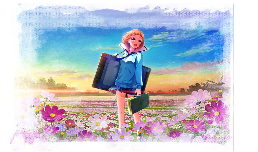 1girl amakusa_kotone aqua_cardigan arched_bangs bag blue_necktie border brown_hair canvas_(object) cardigan cinderella_series cloud cosmos_(flower) flower game_cg grey_skirt hachigatsu_no_cinderella_nine highres holding holding_bag long_sleeves miniskirt necktie non-web_source official_art open_mouth outdoors pink_flower plaid_clothes plaid_skirt pleated_skirt purple_eyes sailor_collar satogahama_school_uniform school_uniform serafuku short_hair skirt sky socks solo standing summer_uniform white_border white_sailor_collar white_socks