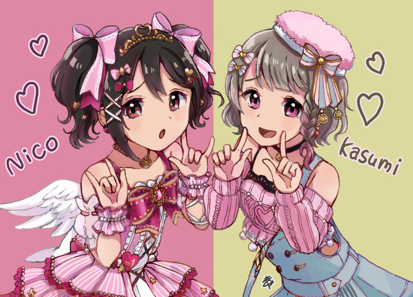 2girls \m/ black_choker black_hair blue_overalls bob_cut bow bowtie braid choker collarbone commentary_request cropped_sweater detached_sleeves dress frilled_sweater grey_hair hair_bow hat heart heart_necklace highres index_fingers_raised jewelry kyaku_tasu long_sleeves love_live! love_live!_nijigasaki_high_school_idol_club love_live!_school_idol_festival_all_stars love_live!_school_idol_project multiple_girls nakasu_kasumi nakasu_kasumi_(a_sweet_moment) necklace nico_nico_nii off-shoulder_sweater off_shoulder official_alternate_costume official_alternate_hairstyle overall_skirt overalls pink_background pink_bow pink_bowtie pink_dress pink_hat pink_sweater red_eyes see-through_clothes see-through_sleeves short_hair short_sleeves side_braid sleeveless sleeveless_dress split_theme sweater tilted_headwear twintails two-tone_background upper_body yazawa_nico yazawa_nico_(smiley_angel) yellow_background