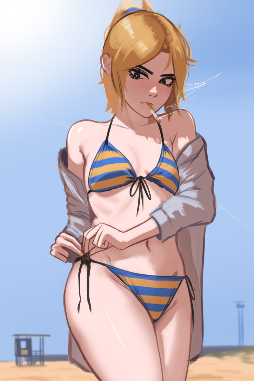 1girl adjusting_clothes adjusting_swimsuit beach bikini black_eyes blonde_hair blue_scrunchie blush cigarette cowboy_shot embarrassed flag_print flat_chest front-tie_bikini_top front-tie_top highres jessie_(veyonis) looking_at_self navel nervous off-shoulder_shirt off_shoulder open_clothes open_shirt original ponytail ribs scrunchie shirt side-tie_bikini_bottom sidelocks skinny sky smoke smoking solo stomach string_bikini striped_bikini striped_clothes sunlight swedish_flag swedish_flag_bikini swedish_flag_print swimsuit veyonis white_shirt