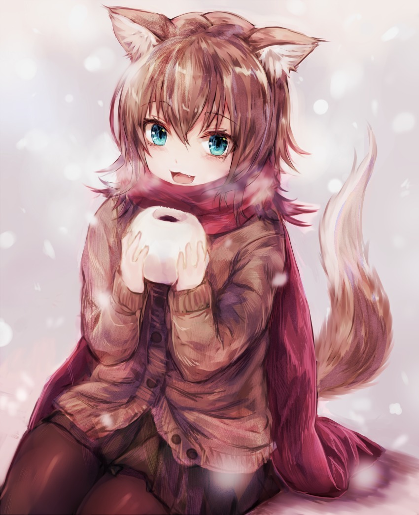 1girl :3 :d absurdres animal_ears baozi black_pantyhose blue_eyes blurry breath brown_hair buttons cardigan depth_of_field eyebrows fang female_focus food hair_between_eyes highres holding holding_food long_sleeves looking_at_viewer open_mouth original pantyhose pleated_skirt red_scarf scarf short_hair sitting skirt smile snowing solo steam sukemyon tail