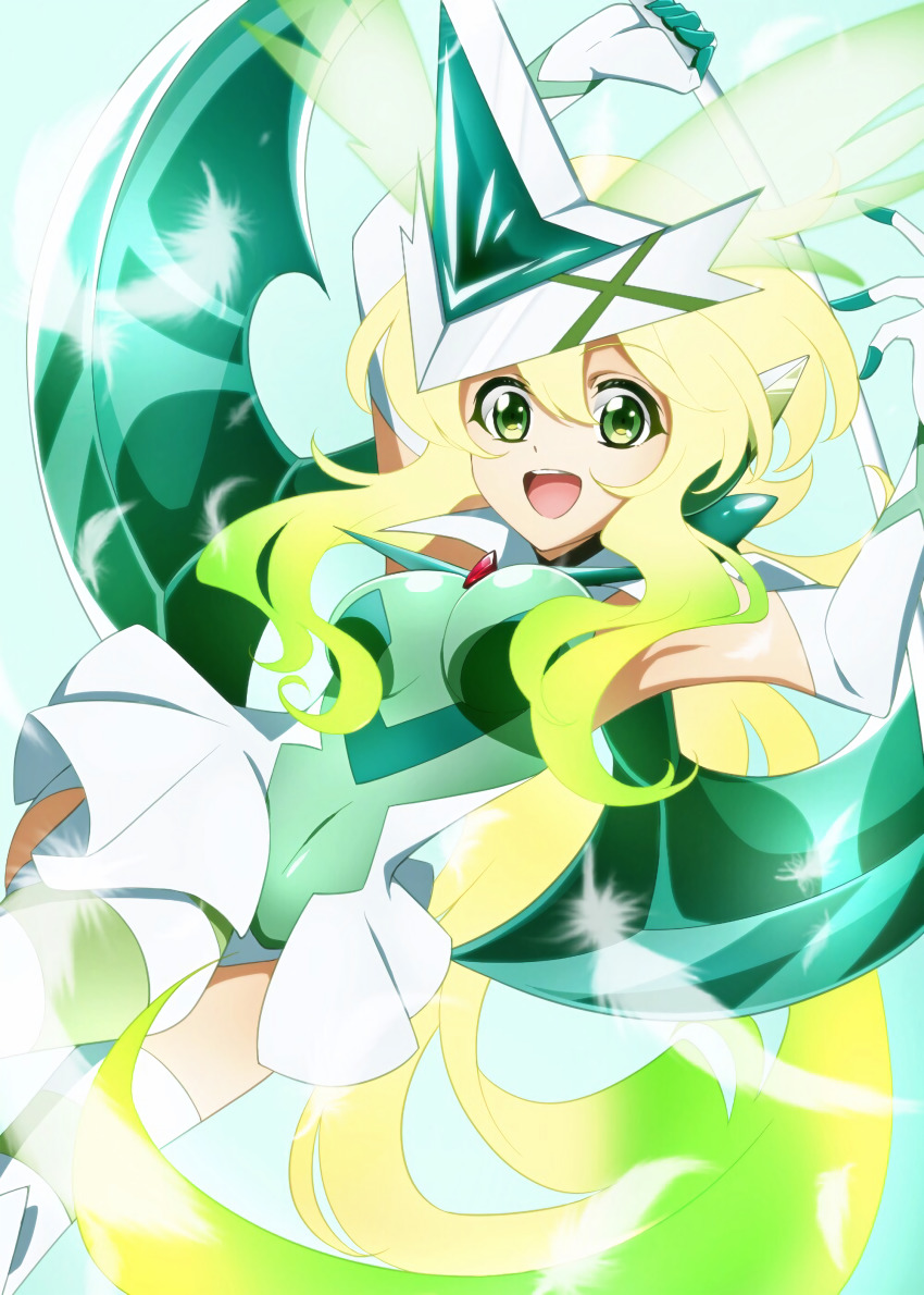 1girl absurdres akatsuki_kirika blonde_hair blush breasts covered_navel elbow_gloves gloves glowing glowing_hair gradient_hair green_eyes green_hair green_leotard highres kanaden leotard long_hair medium_breasts multicolored_hair open_mouth senki_zesshou_symphogear shiny_skin smile striped_clothes striped_thighhighs thighhighs