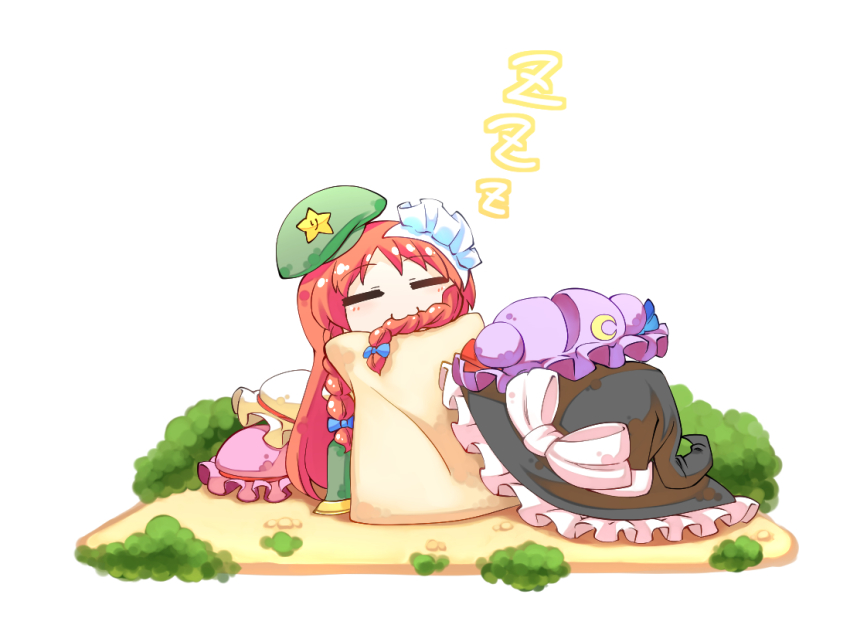 1girl biting_hair bow braid closed_eyes crescent female_focus flandre_scarlet hat hat_bow hat_ribbon hong_meiling izayoi_sakuya kashuu_(b-q) kirisame_marisa long_hair maid_headdress patchouli_knowledge red_hair remilia_scarlet ribbon simple_background sleeping sleeping_upright solo star_(symbol) touhou twin_braids very_long_hair witch_hat zzz