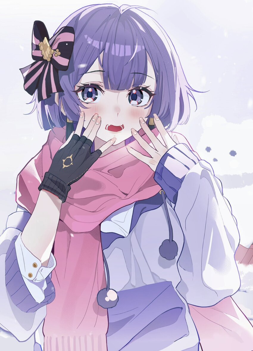 1girl alternate_costume bernadetta_von_varley black_gloves black_ribbon blush commentary english_commentary fingerless_gloves fingernails fire_emblem fire_emblem:_three_houses gbbgb321 gloves grey_background hair_ribbon highres looking_at_viewer nintendo pink_nails pink_scarf purple_eyes purple_hair purple_sweater ribbon scarf short_hair single_glove snowman solo sweater winter_clothes