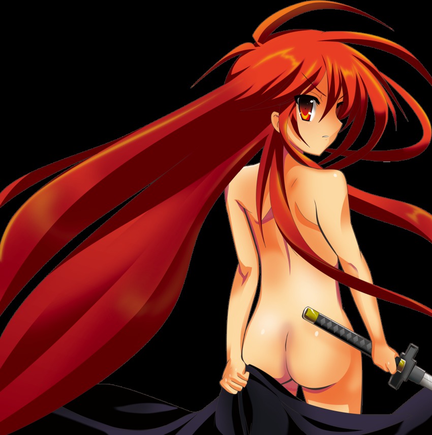 1girl ahoge ass back bad_id bad_pixiv_id butt_crack female_focus highres katana long_hair looking_back nude open_mouth oyu_no_kaori red_eyes red_hair shakugan_no_shana shana solo sword transparent_background weapon