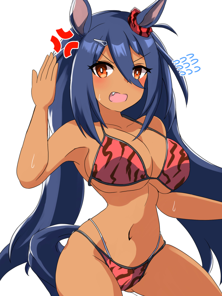 1girl anger_vein animal_ears bikini black_hair commentary_request cowboy_shot dark-skinned_female dark_skin ear_ornament fang hair_between_eyes hair_ornament hairclip highres hishi_amazon_(umamusume) horounendo horse_ears horse_girl horse_tail long_hair navel open_mouth red_bikini red_eyes simple_background solo stomach sweat swimsuit tail umamusume very_long_hair white_background