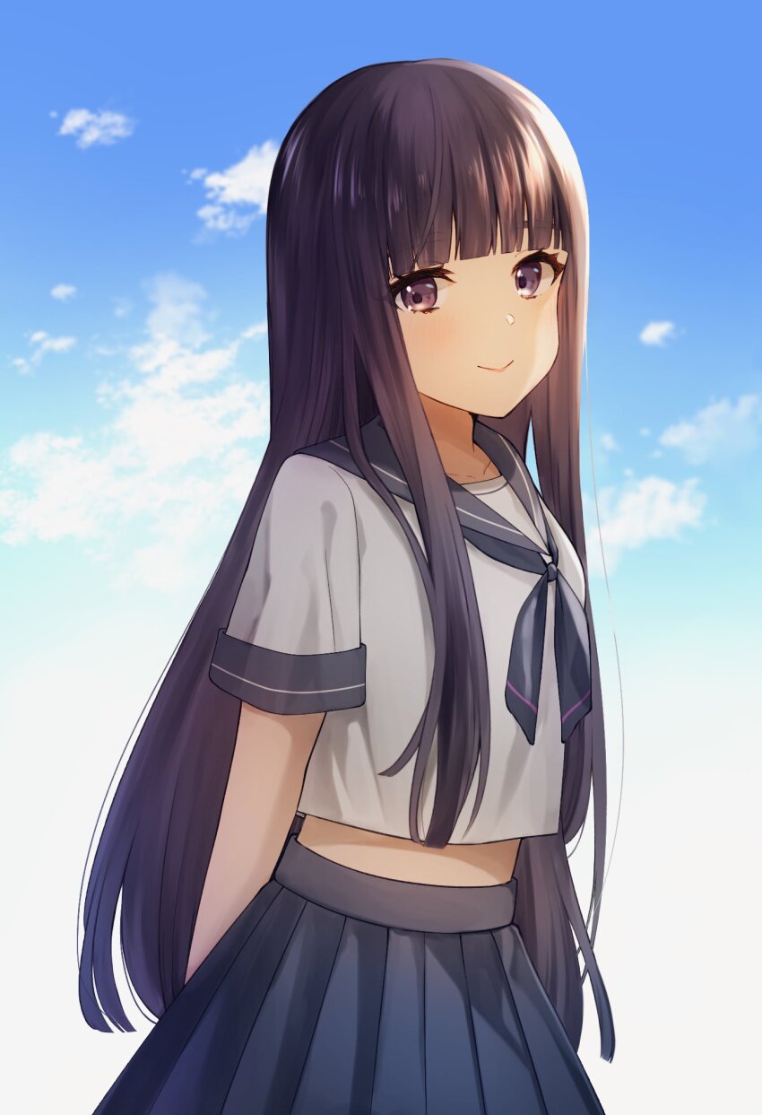 1girl :&gt; alternate_costume arms_behind_back black_hair blue_sky blunt_bangs blush breasts closed_mouth cloud cloudy_sky collarbone commentary_request cowboy_shot day edamame_koron gems_company grey_neckerchief grey_sailor_collar grey_skirt hase_mikoto highres hime_cut long_hair looking_at_viewer looking_to_the_side medium_breasts midriff neckerchief outdoors pleated_skirt purple_eyes sailor_collar school_uniform shirt short_sleeves sidelocks sideways_glance skirt sky smile solo straight_hair thick_eyelashes three_quarter_view turning_head very_long_hair virtual_youtuber white_shirt