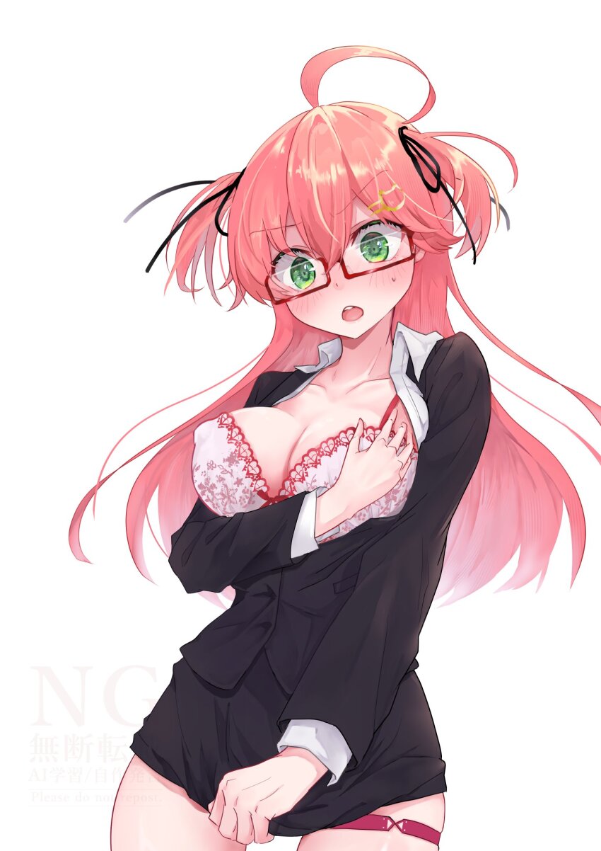 1girl ahoge alternate_costume black_jacket black_ribbon blush bra breasts cleavage collarbone collared_shirt covered_erect_nipples covering_breasts covering_crotch covering_privates embarrassed formal_clothes glasses green_eyes hair_between_eyes hair_ribbon hand_on_own_chest highres hololive jacket lace lace-trimmed_bra lace_trim large_breasts long_hair long_sleeves looking_at_viewer lossko open_clothes open_jacket open_shirt pink_hair red-framed_eyewear ribbon sakura_miko shirt skirt skirt_tug solo suit sweatdrop thigh_strap thighs two_side_up underwear virtual_youtuber white_background white_bra white_shirt