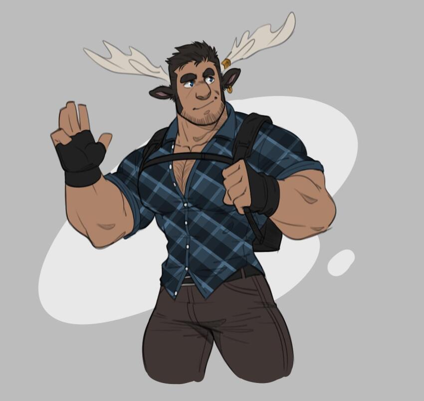 1boy animal_ears antlers bara beard beard_stubble blue_eyes blush brown_hair cheschirebacon collared_shirt cropped_legs dark-skinned_male dark_skin earrings facial_hair fingerless_gloves gloves goat_boy goat_ears goat_horns horns jewelry large_pectorals male_focus mature_male meme moose_antlers muscular muscular_male original pectoral_cleavage pectorals prototype_design ralph_(cheschirebacon) sanpaku shirt short_hair sideburns single_earring snout solo sparse_chest_hair standing stubble thick_eyebrows waving