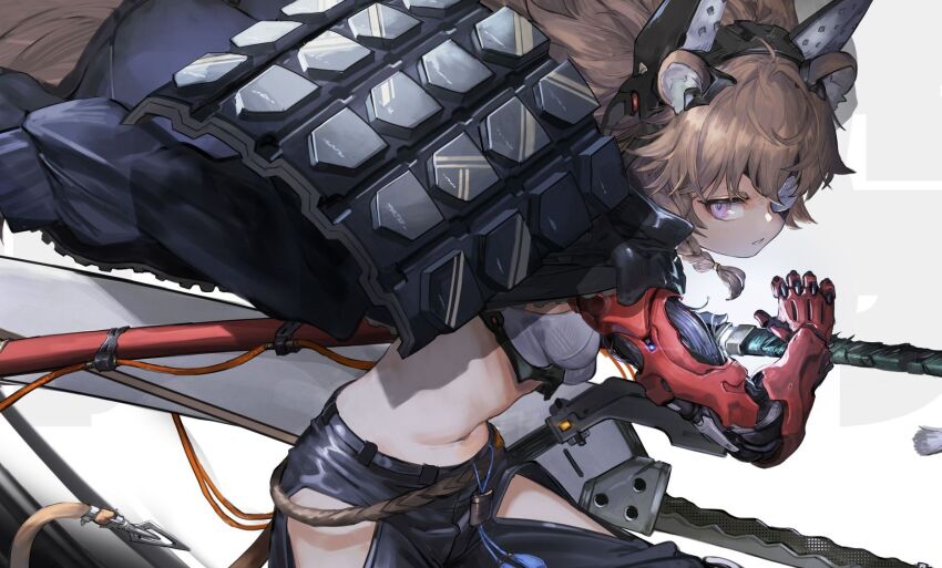 1girl akefumi animal_ears black_shorts eyepatch mechanical_arms original purple_eyes shorts solo stomach sword tail weapon