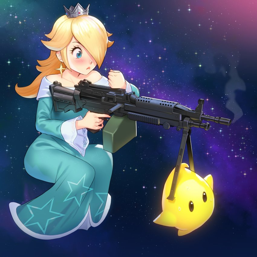 1girl absurdres aqua_dress bare_shoulders blonde_hair blue_eyes blush collarbone commentary crown dress earrings english_commentary full_body gun hair_over_one_eye highres holding holding_gun holding_weapon jewelry light_machine_gun lips long_dress long_hair luma_(mario) m249_saw machine_gun mario_(series) mleth nintendo off-shoulder_dress off_shoulder rosalina solo space star_(sky) star_(symbol) star_print super_mario_galaxy weapon wide_sleeves